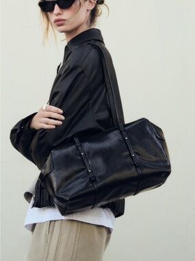 Zara Black Leather Shoulder Duffel Bag